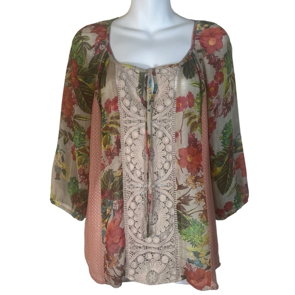 Meadow Rue Anthropologie Sheer Floral Embroidered Top Size S